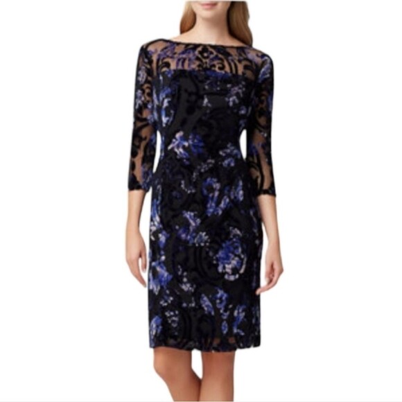 Tahari ASL Women's Size 8 Burnout Sheath Dress with Velvet details - Picture 3 of 13